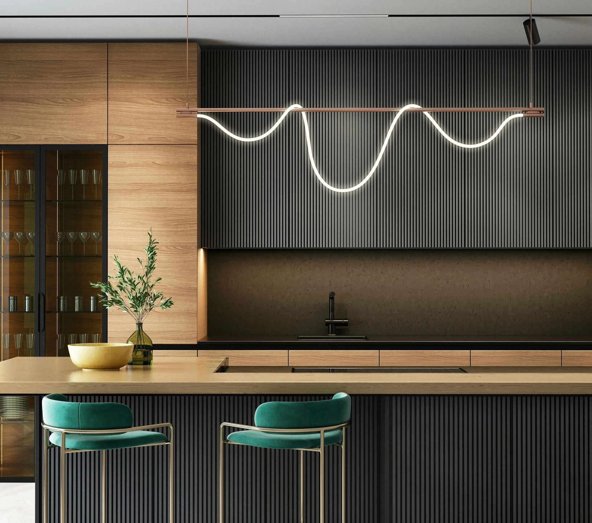 Luxurious modern kitchen with dark green panels, wooden accents, and a stunning wave light fixture